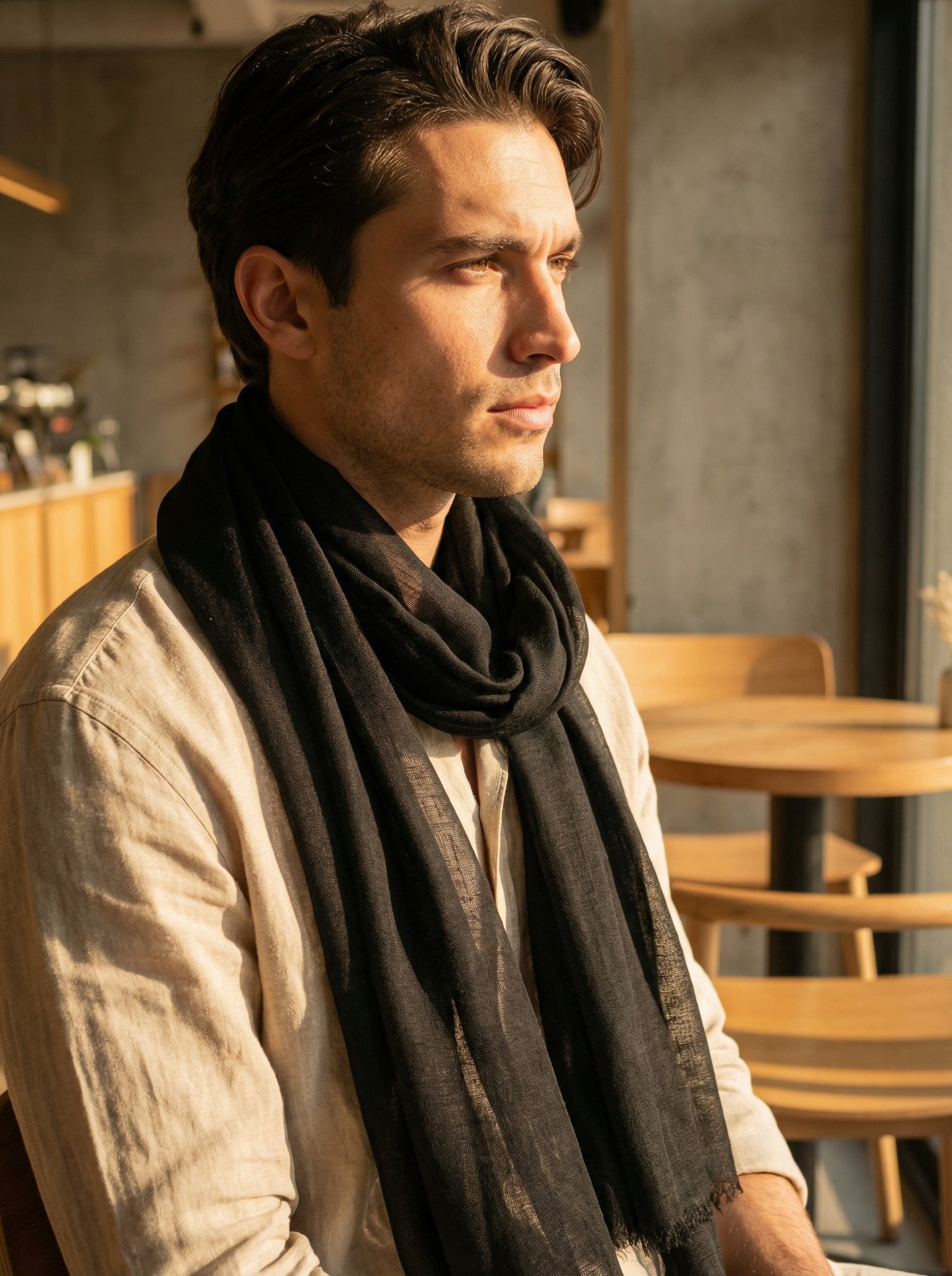 Man wearing Smoke Black Moroccan Tagelmust as a breathable desert headscarf, lightweight safari scarf built for Sahara trekking, dust protection, and hot weather travel.