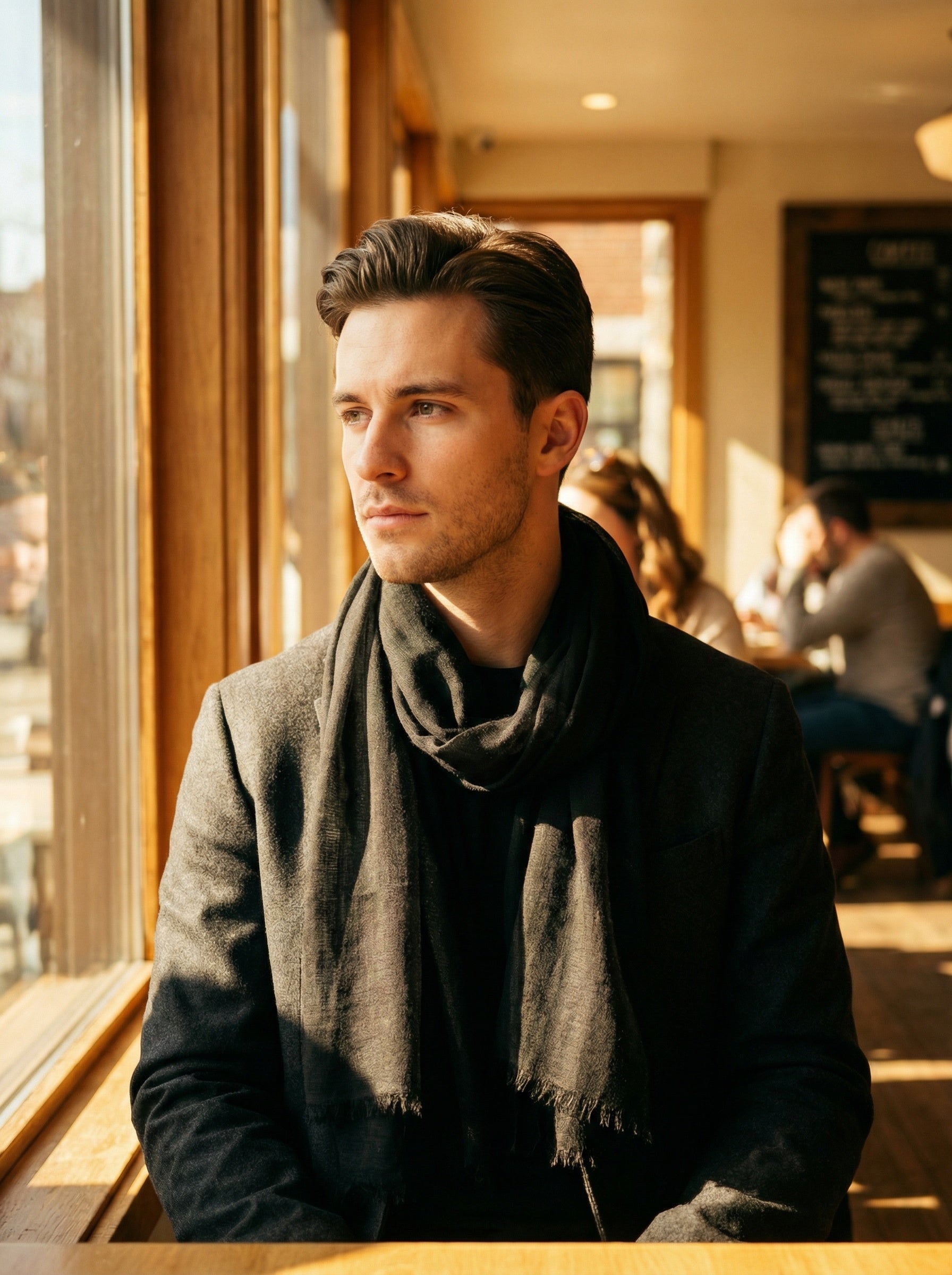 Man wearing Smoke Black Moroccan Tagelmust as a breathable desert headscarf, lightweight safari scarf built for Sahara trekking, dust protection, and hot weather travel.