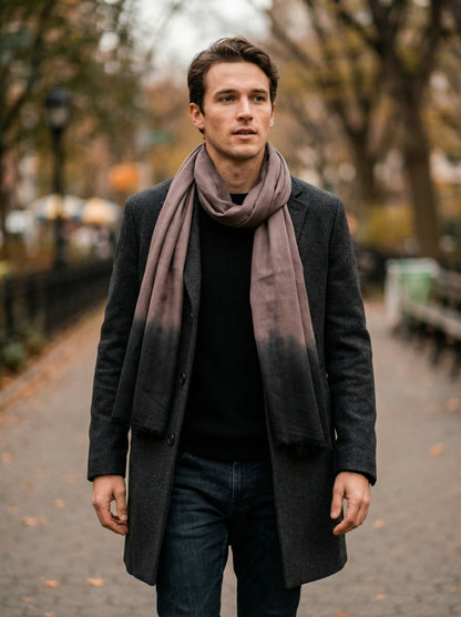 Man wearing Cinerous Grey Moroccan Tagelmust as a breathable desert headscarf, lightweight safari scarf built for Sahara trekking, dust protection, and hot weather travel.