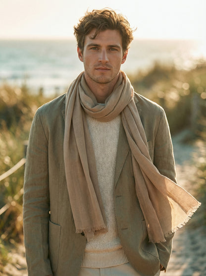 Man wearing khaki Moroccan Tagelmust as a breathable desert headscarf, ideal safari scarf for trekking and wind protection.