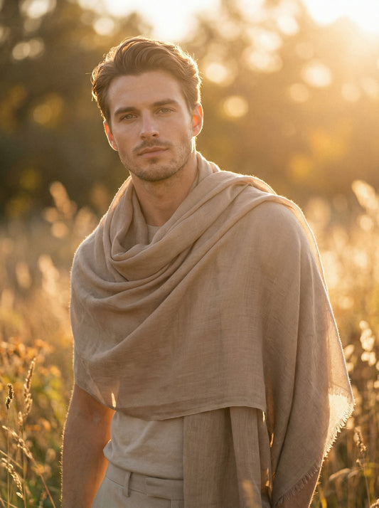 Man wearing Original Khaki Moroccan Tagelmust as a breathable desert headscarf, lightweight safari scarf built for Sahara trekking, dust protection, and hot weather travel.