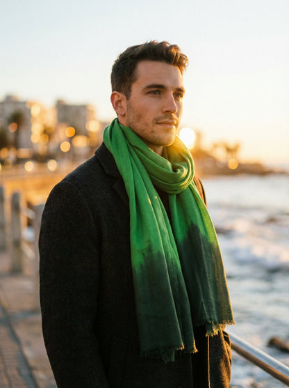 Man wearing Green Moroccan Tagelmust as a breathable desert headscarf, lightweight safari scarf built for wind and dust protection.