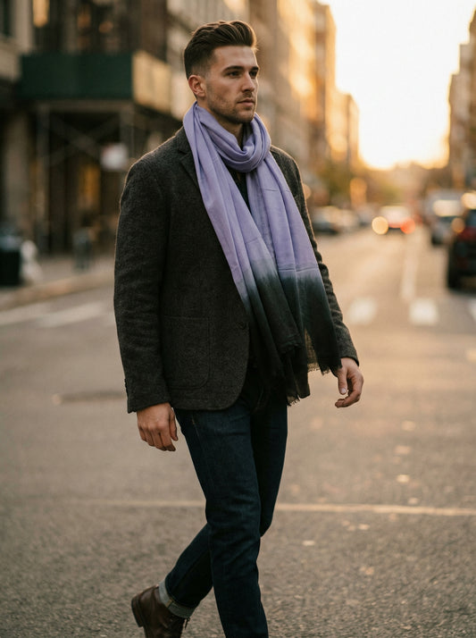 Man wearing Violet Moroccan Tagelmust as a breathable desert headscarf, lightweight travel scarf built for wind and dust protection.