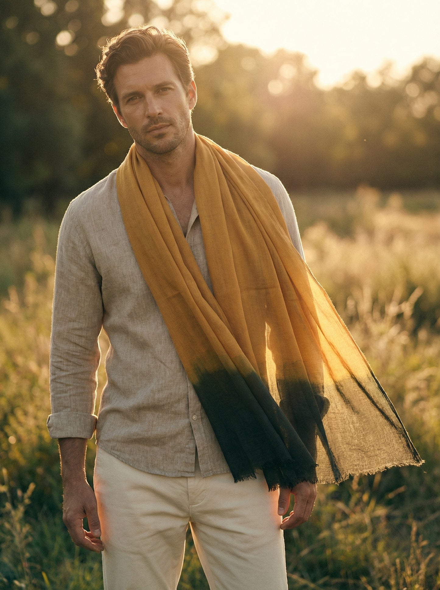 Man wearing Harvest Gold Moroccan Tagelmust as a breathable desert headscarf, lightweight safari scarf built for trekking, dust protection, and hot weather travel.