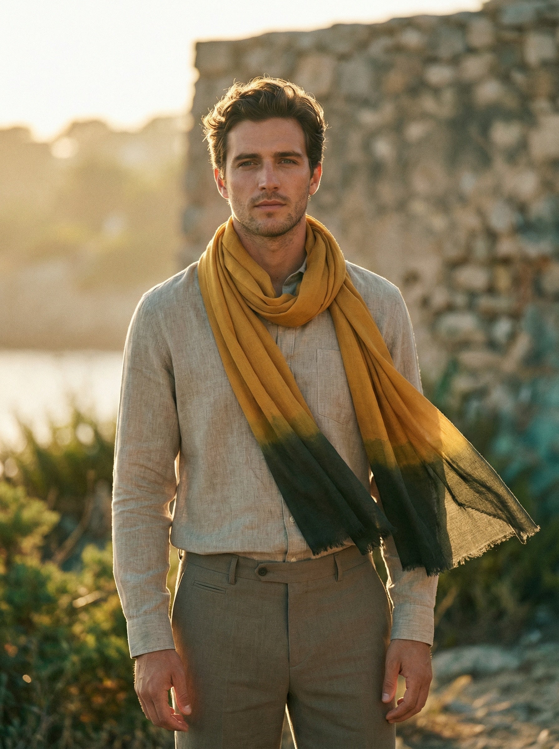 Man wearing Harvest Gold Moroccan Tagelmust as a breathable desert headscarf, lightweight safari scarf built for trekking, dust protection, and hot weather travel.