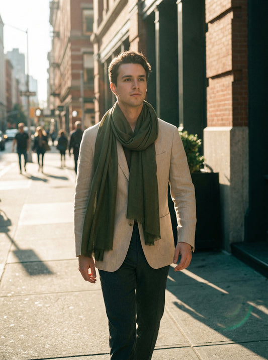 Man wearing Green Moroccan Tagelmust as a breathable desert headscarf, lightweight safari scarf built for wind and dust protection.
