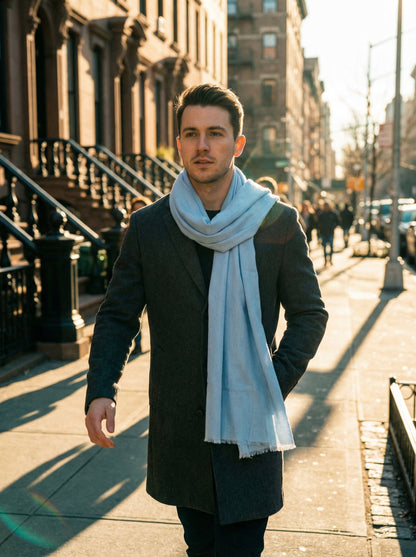 Man wearing Dyed Sky Blue Moroccan Tagelmust as a breathable desert headscarf, lightweight safari scarf built for Sahara trekking, dust protection, and hot weather travel.