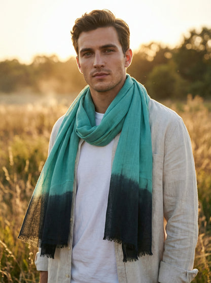 Man wearing Keppel green Tagelmust as a breathable desert headscarf, ideal lightweight safari scarf for dust and sun protection.