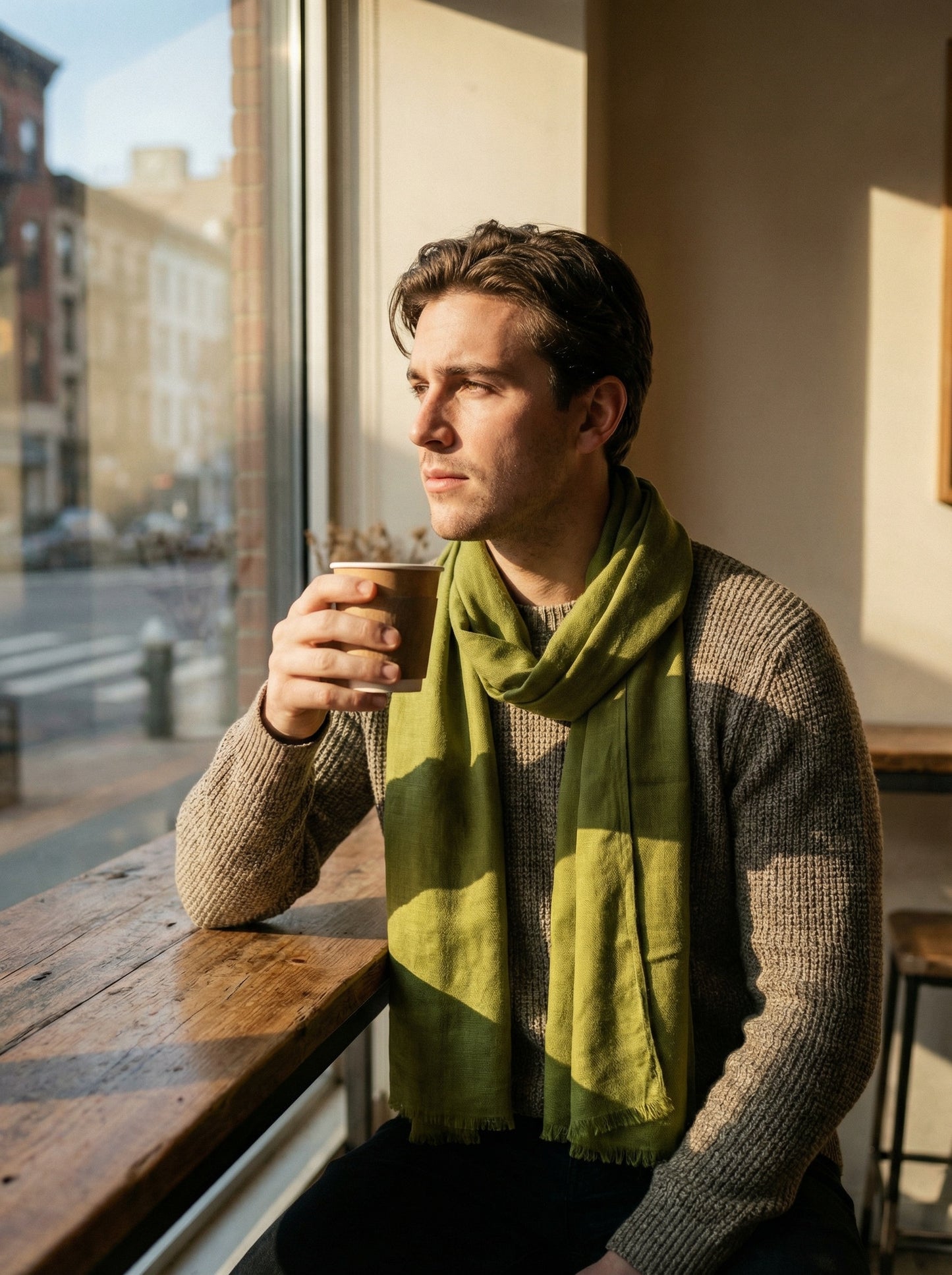 Man wearing Tan Green Moroccan Tagelmust as a breathable desert scarf for trekking, wind, and dust defense.