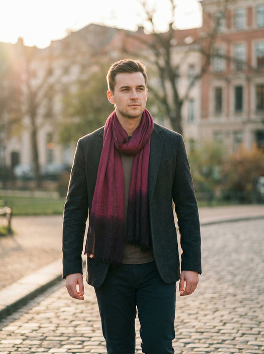 Man wearing Amaranth Purple Moroccan Tagelmust as a breathable desert headscarf, lightweight safari scarf built for Sahara trekking, dust protection, and hot weather travel.