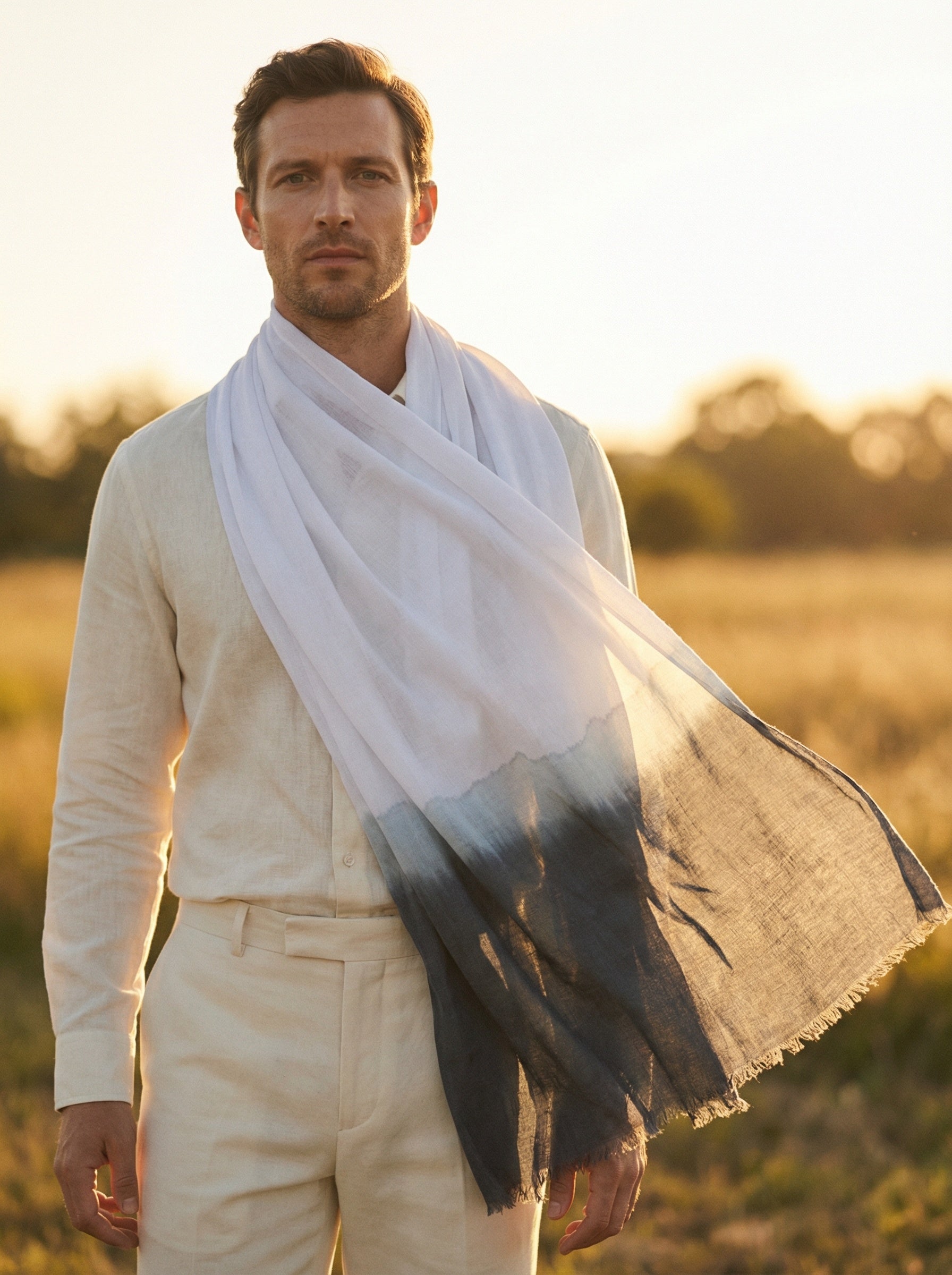 Man wearing White Moroccan Tagelmust as a breathable desert headscarf, lightweight safari scarf designed for wind and dust protection.
