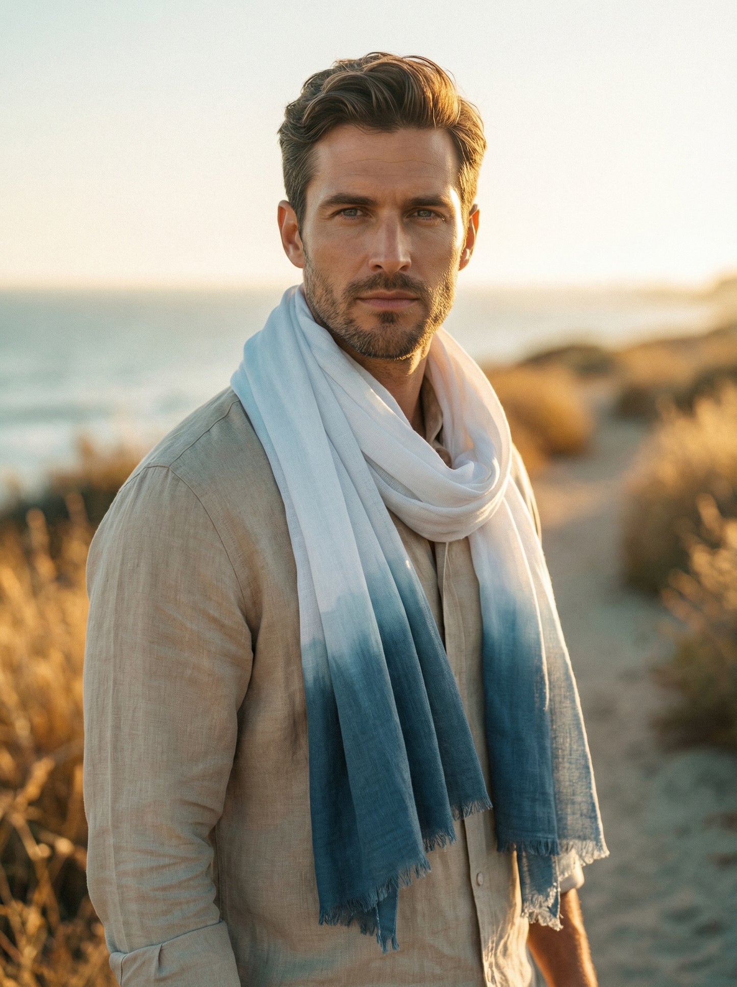 Man wearing White Moroccan Tagelmust as a breathable desert headscarf, lightweight safari scarf designed for wind and dust protection.