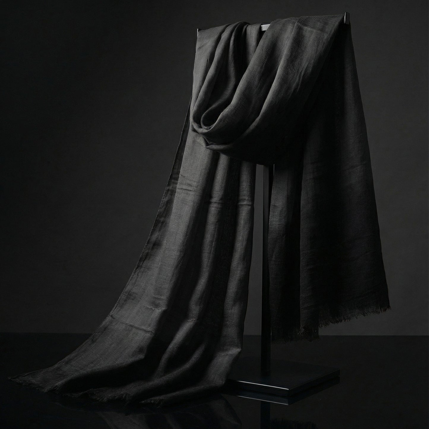 Lightweight Smoke Black Tagelmust crafted in sustainably sourced rayon fabric, breathable Moroccan desert headscarf designed for Sahara travel, safari protection, and hot climate exploration.