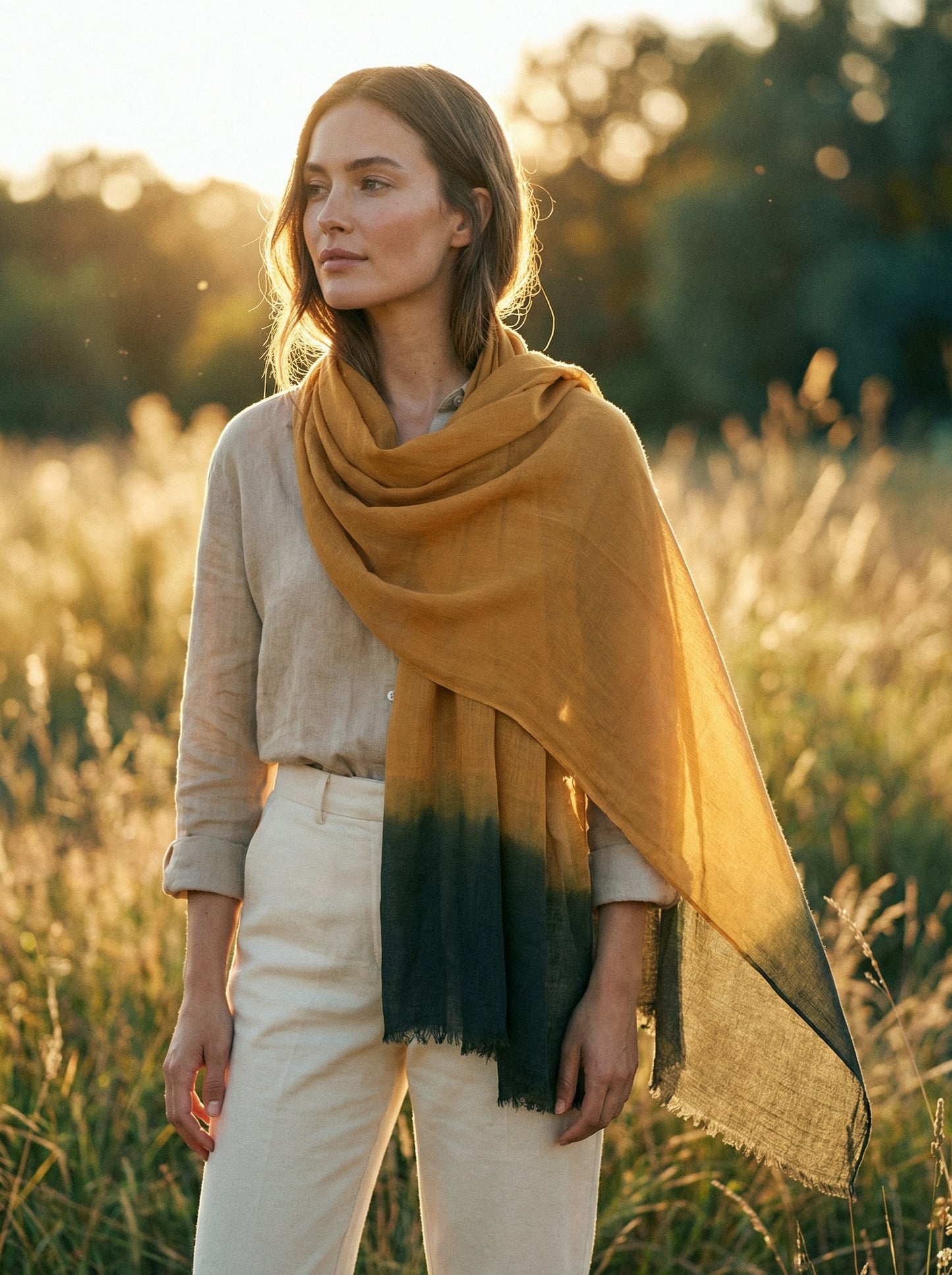 Harvest gold Tagelmust styled as a lightweight travel scarf for women, Touareg inspired Moroccan headscarf ideal for safari adventures and warm desert climates.