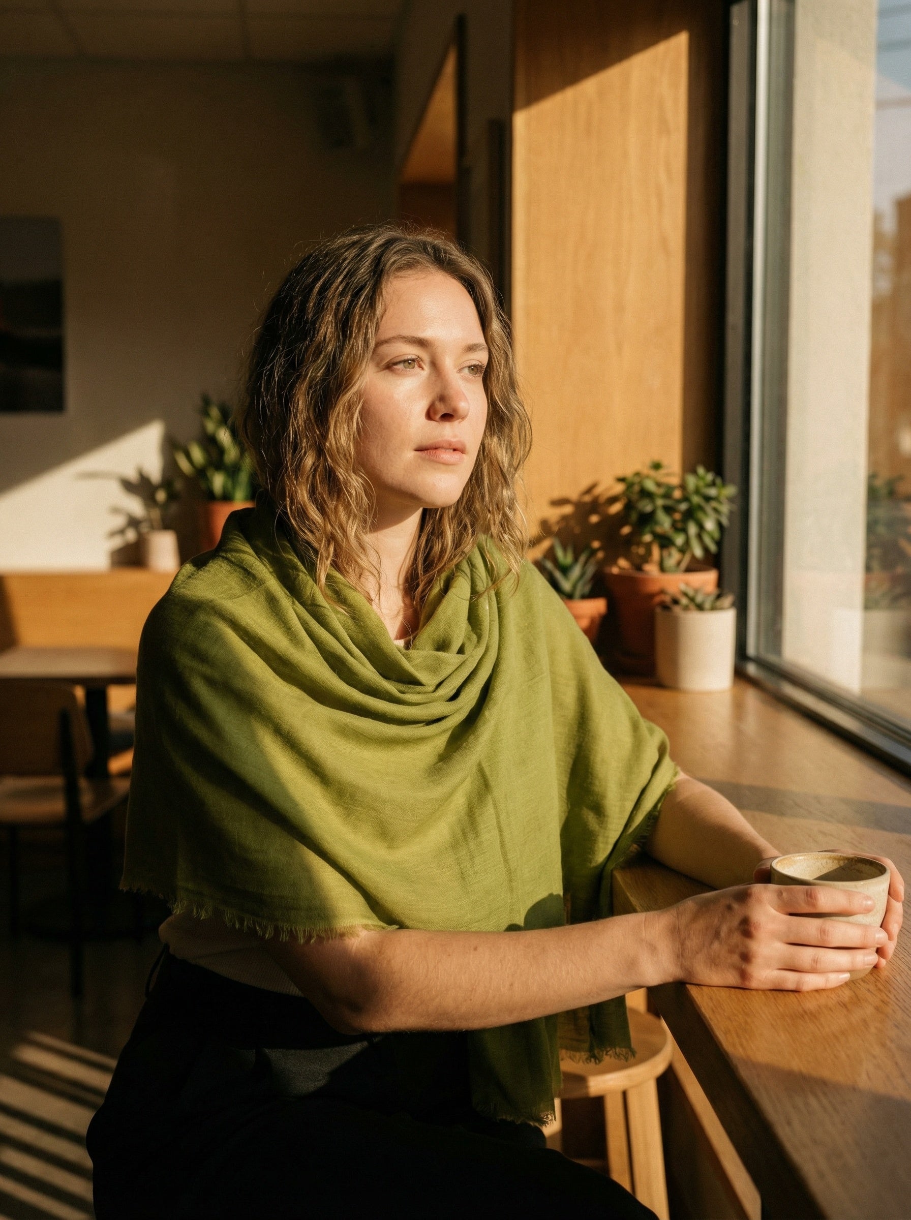 Tan green Tagelmust styled as a lightweight travel scarf for women, Touareg inspired Moroccan headscarf ideal for safari adventures and warm desert climates.