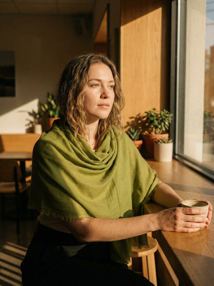 Tan green Tagelmust styled as a lightweight travel scarf for women, Touareg inspired Moroccan headscarf ideal for safari adventures and warm desert climates.