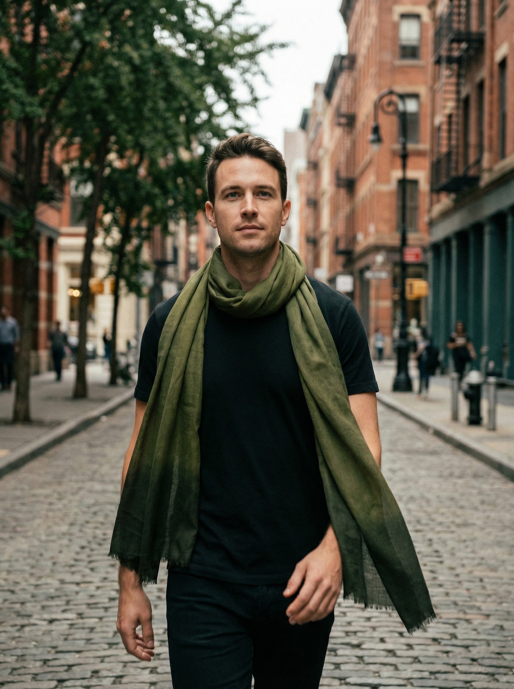 Man wearing Dyed Dark Moss Green Tagelmust as a breathable desert headscarf, sustainably sourced rayon travel scarf built for Sahara and Safari trekking, dust protection, and hot weather overlanding.