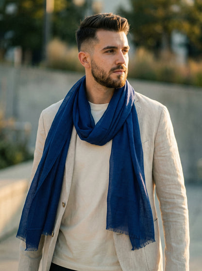 Man wearing indigo Moroccan Tagelmust as a breathable desert headscarf, lightweight safari scarf built for Sahara trekking and dust protection.