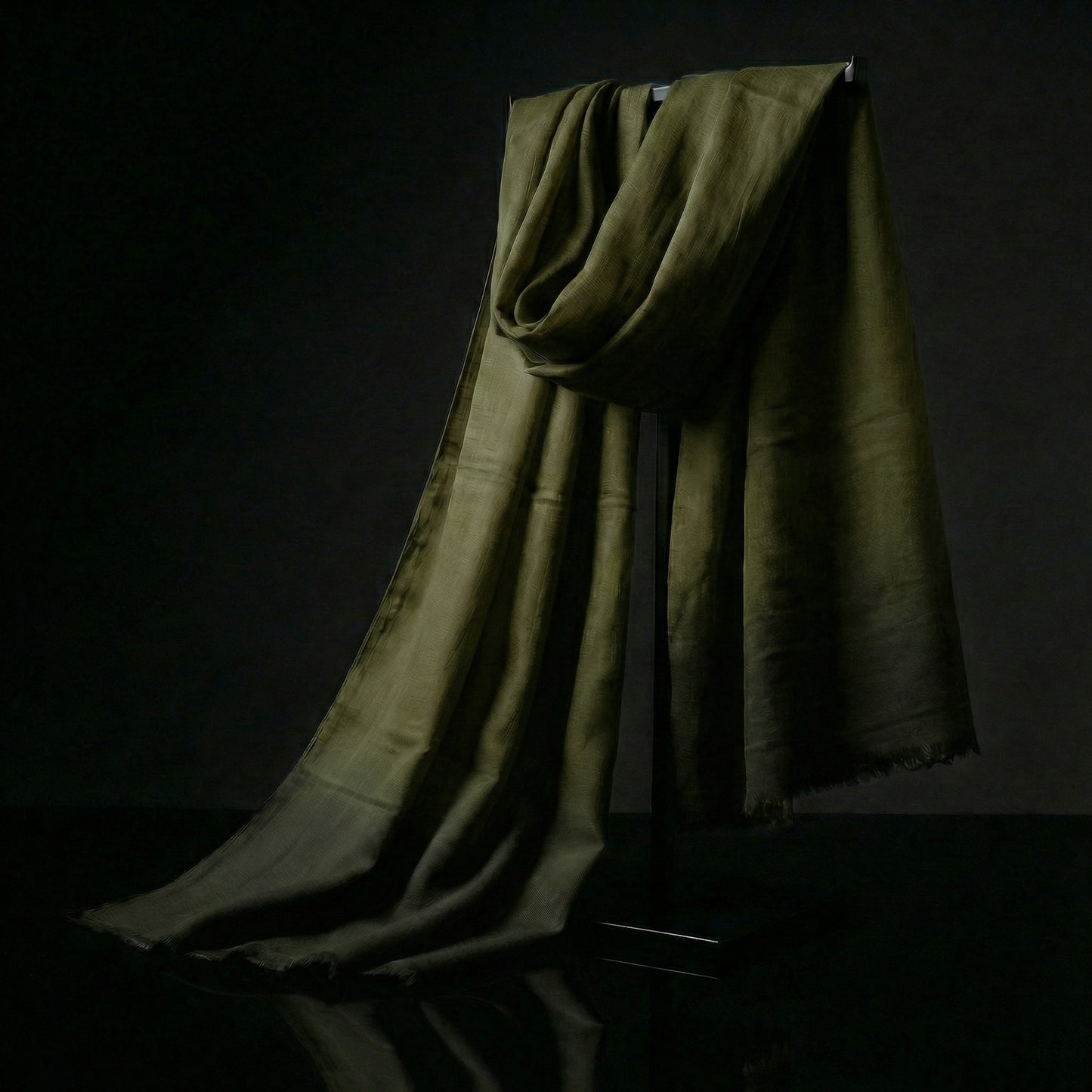 Dark moss green Moroccan scarf crafted in soft rayon fabric, a versatile lightweight desert travel scarf. Ideal safari scarf for sun and dust defense.