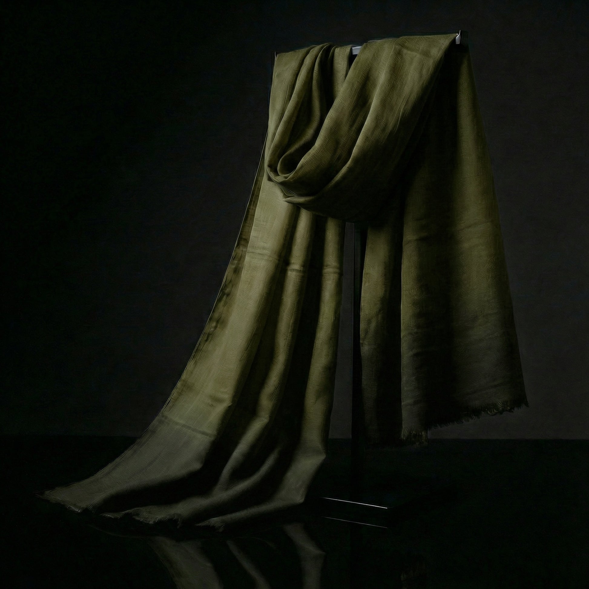 Dark moss green Moroccan scarf crafted in soft rayon fabric, a versatile lightweight desert travel scarf. Ideal safari scarf for sun and dust defense.