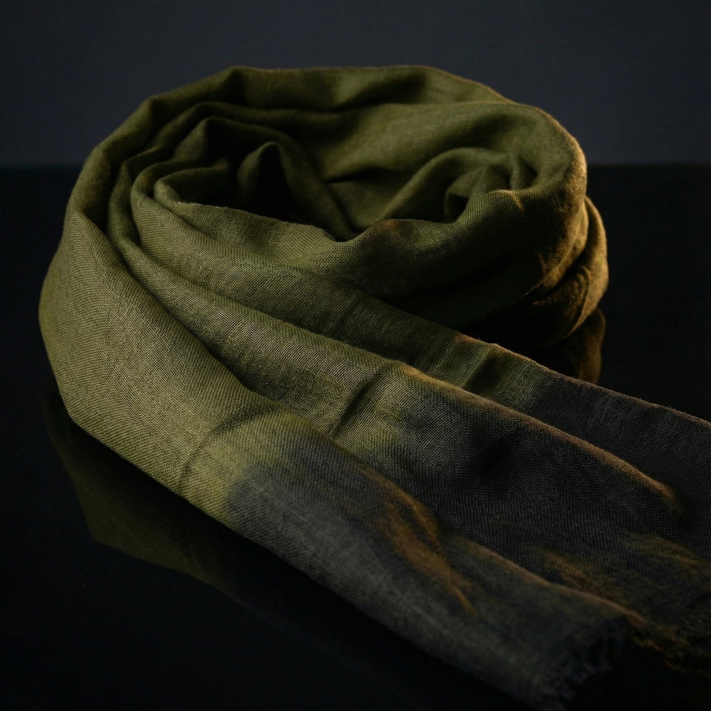 Dark moss green Moroccan scarf crafted in soft rayon fabric, a versatile lightweight desert travel scarf. Ideal safari scarf for sun and dust defense.