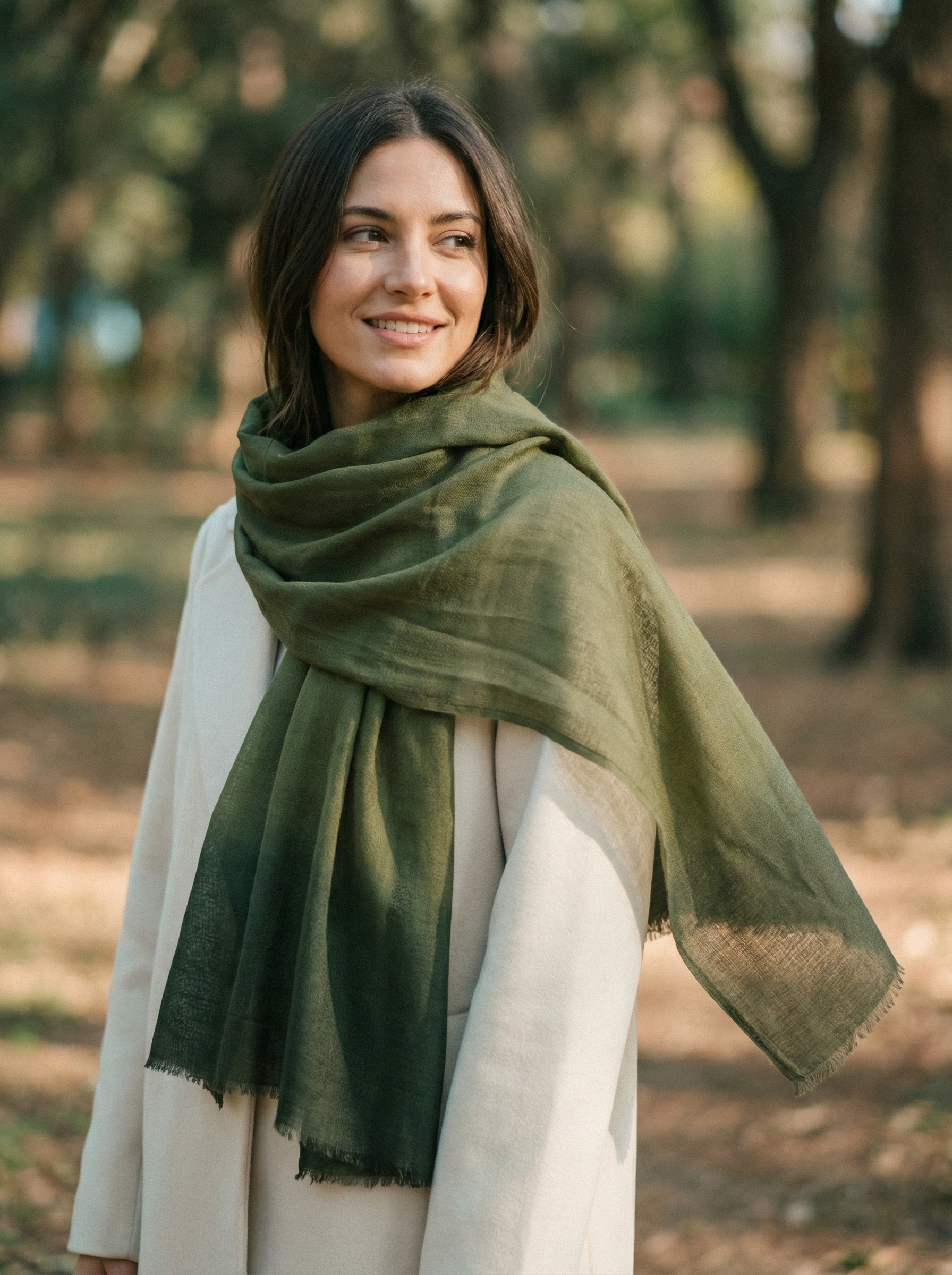 Dyed Dark Moss Green Tagelmust styled as a lightweight travel scarf for women, Touareg inspired Moroccan headscarf ideal for safari adventures, sun protection, and warm desert climates.